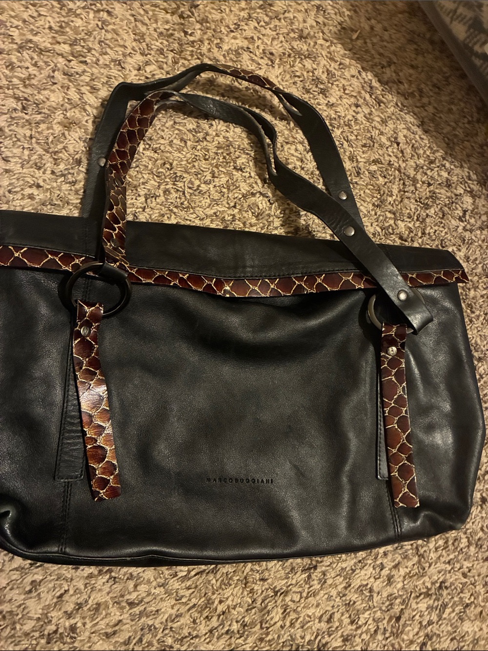 Black Tote with Brown Snake-Print Trim by‎ Mango